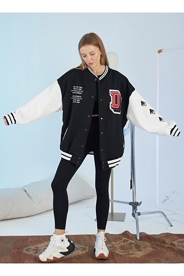 Black D Printed Unisex College Jacket