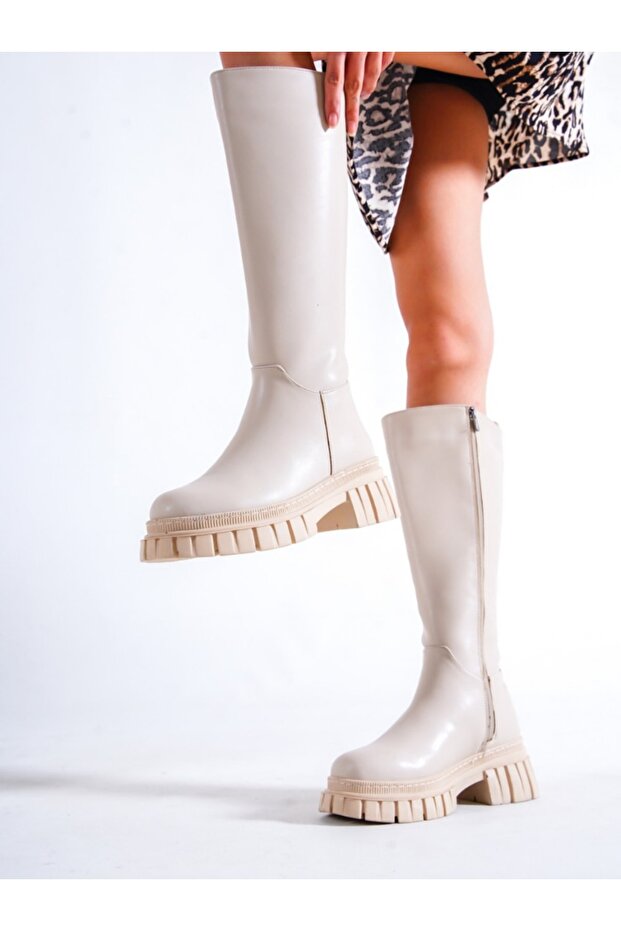 Kadın Deri Çizme Bej Siyah Cilt - 7