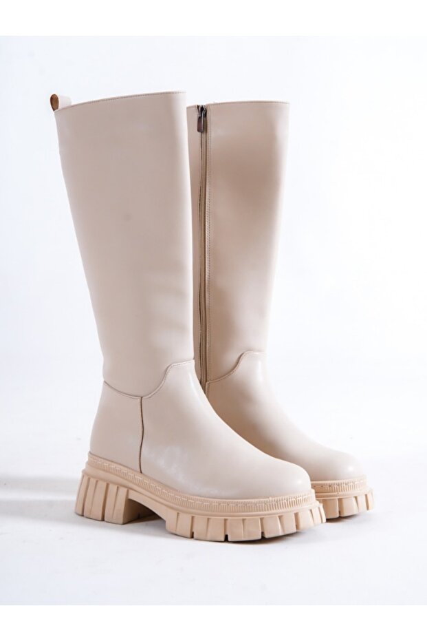 Kadın Deri Çizme Bej Siyah Cilt - 8