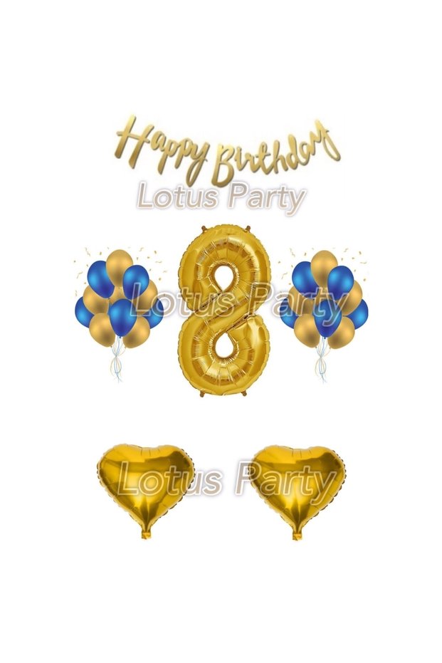 8 Year Old Birthday Set - 1 Number Balloon - 20 Gold Navy Blue Balloons - 2 Hearts - Happy Birthday Text