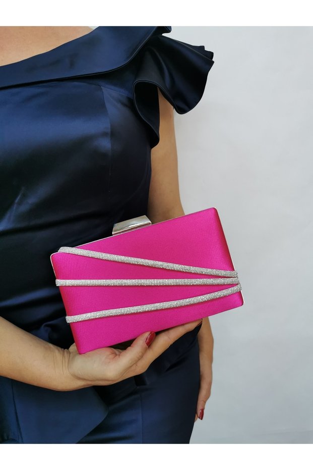 Women's Satin Stone Fuchsia Evening Dress Clutch Portfolio Evening Bag