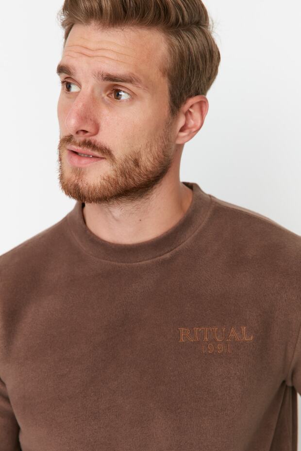 Kahverengi Regular/Normal Kesim Bisiklet Yaka Anti-pilling Polar Sweatshirt TMNAW23SW00340 - 4