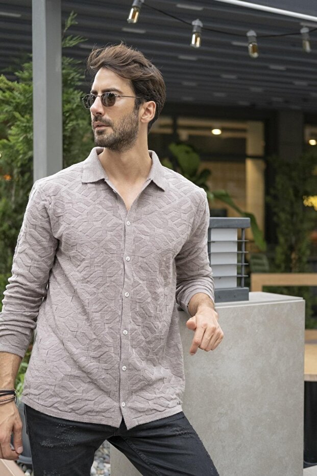 Men's Regular Fit Patterned Long Sleeve Knitwear Shirt Mink 23w211