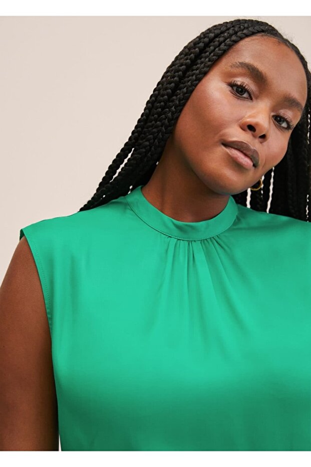 Düğmeli Saten Bluz - 7