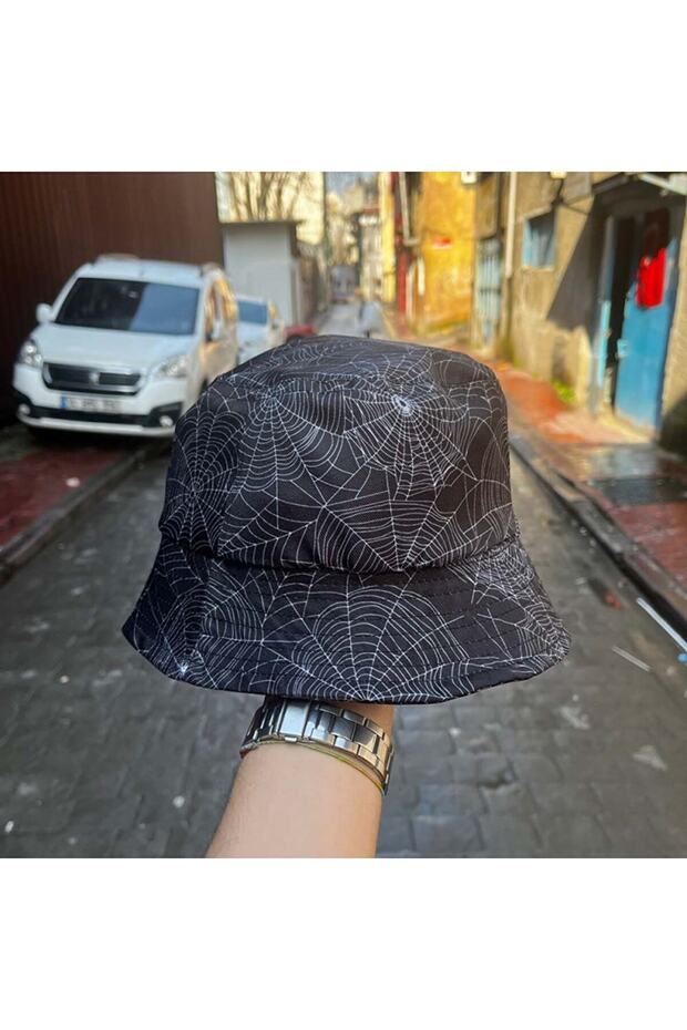 Unisex Bucket Hat Fisherman Hat with Spider Web Pattern