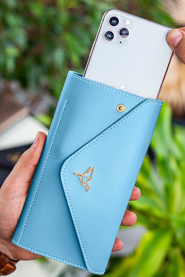 Envelope Model Baby Blue Women's Wallet with Envelope Compartment for Phone and Coins