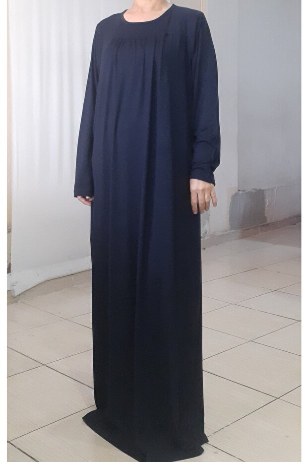 Navy Blue Front and Back Gathered Cut-out Combed Cotton Viscose Dress