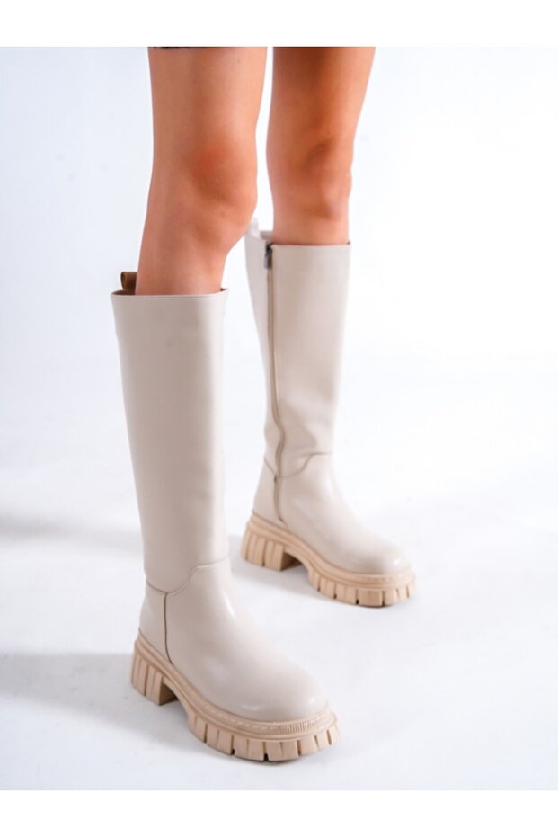 Kadın Deri Çizme Bej Siyah Cilt - 6