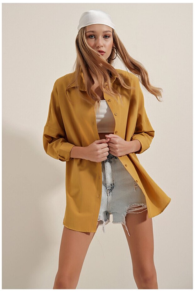 Kadın Hardal Oversize Uzun Basic Gömlek - 1