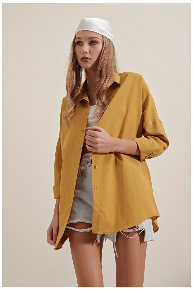 Kadın Hardal Oversize Uzun Basic Gömlek - 4