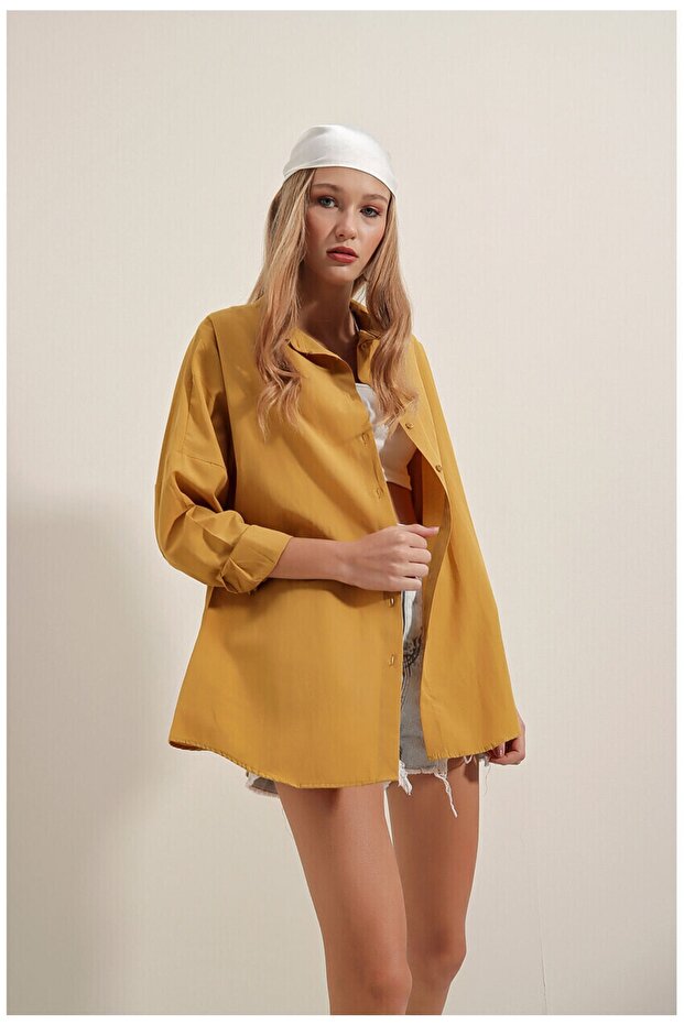 Kadın Hardal Oversize Uzun Basic Gömlek - 5