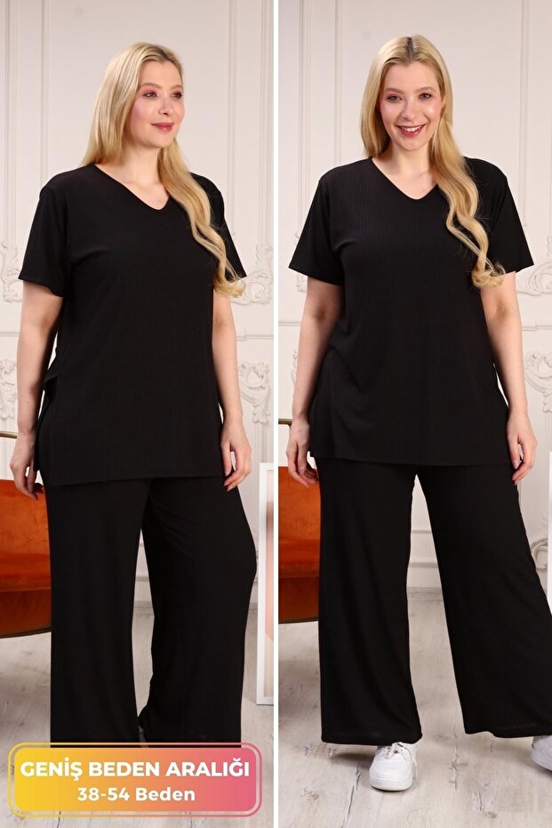 Large Size Organic Cotton Tracksuit Set with Side Slit Ribbed Model Hijab Stylish Suit Black