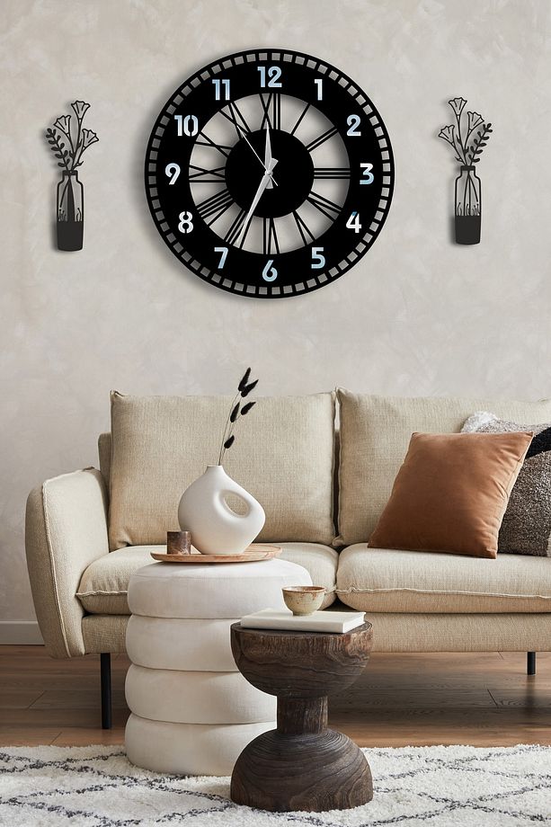 Modern Dekoratif Gümüş Aynalı Duvar Saati Vazo Desenli Tablo Seti - 48cm Yuvarlak Ahşap Pilli Saat - 1