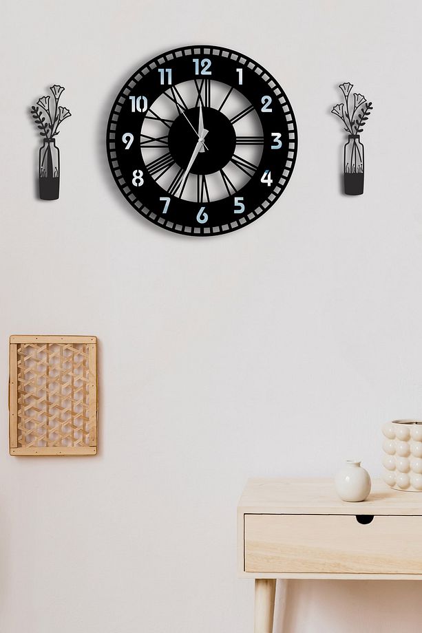 Modern Dekoratif Gümüş Aynalı Duvar Saati Vazo Desenli Tablo Seti - 48cm Yuvarlak Ahşap Pilli Saat - 4