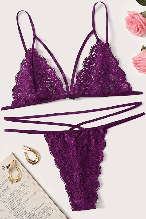 Kadın Mor Dantel Sütyen Külot Takımı - 1
