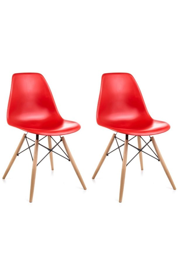 Yuvarlak Ahşap Ayaklı Ahşap Masa Ve 2 Adet Kırmızı Eames Sandalye Seti Mutfak-balkon-bahçe Takımı - 4
