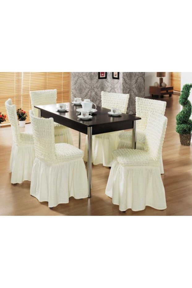 6 Pieces of Elastic Chair Covers with Wrinkled Skirts_Krem