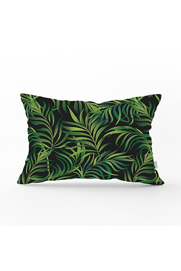Rectangular Pillow Cushion Cover with Green Leaf Pattern on Black Background - 1