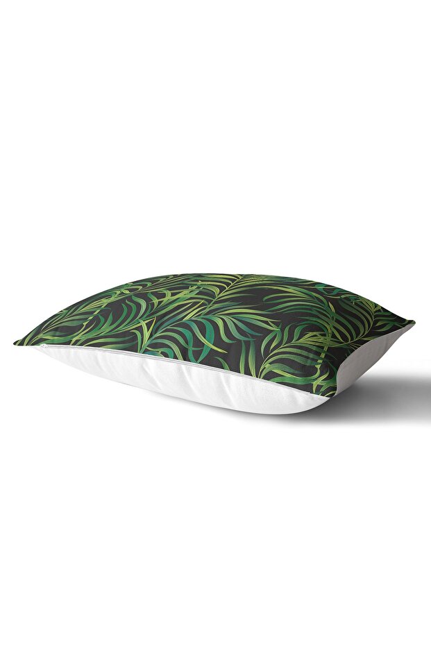 Rectangular Pillow Cushion Cover with Green Leaf Pattern on Black Background - 2