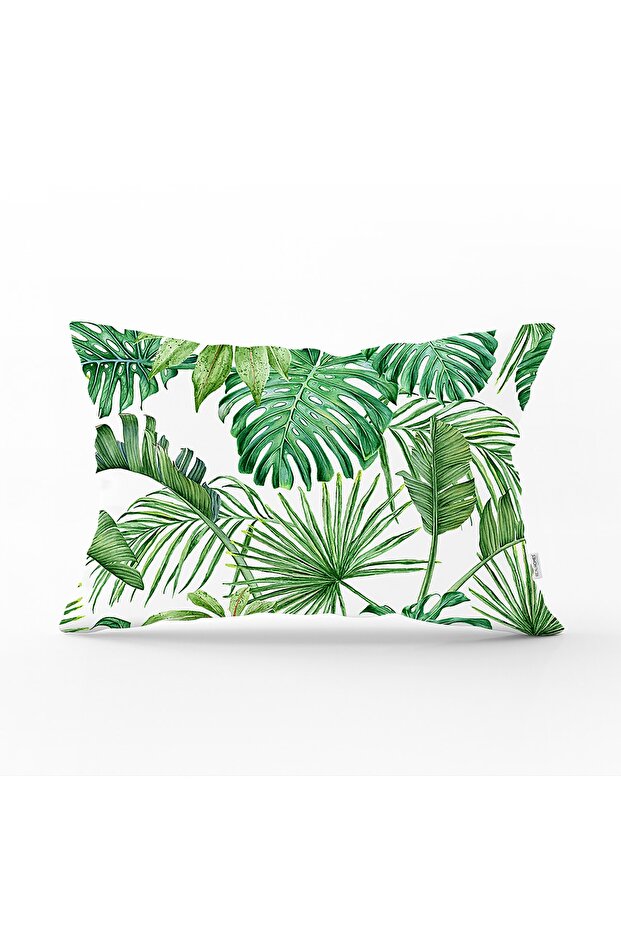 غطاء وسادة مستطيل بنمط أوراق خضراء على خلفية بيضاء - 1