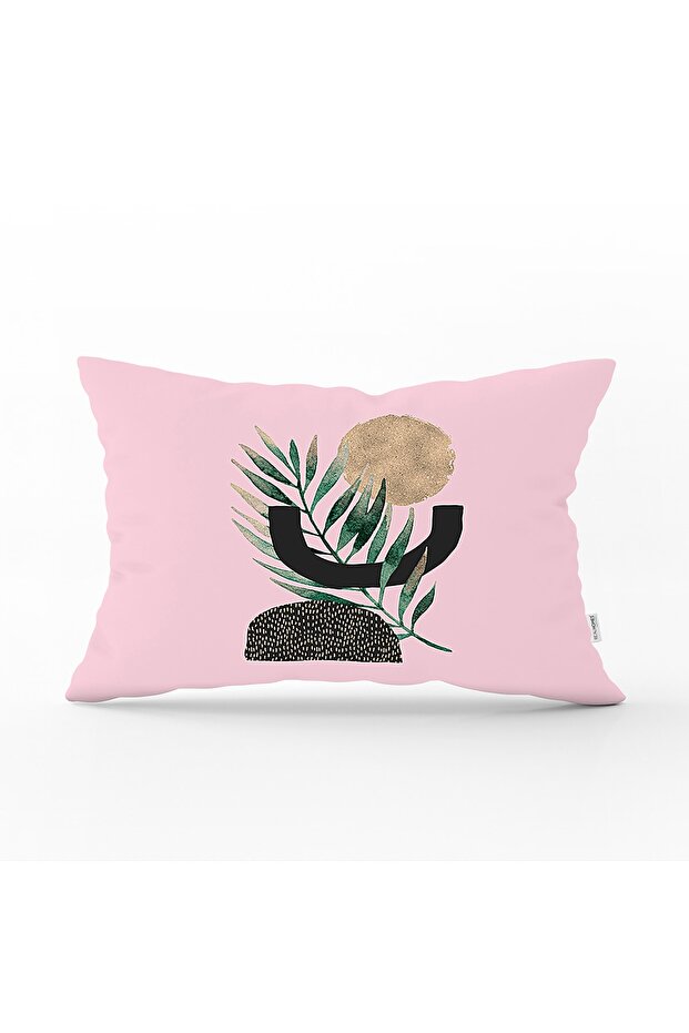 Decorative Rectangular Pillow Case with Abstract Leaf Drawing on Pink Background - 1