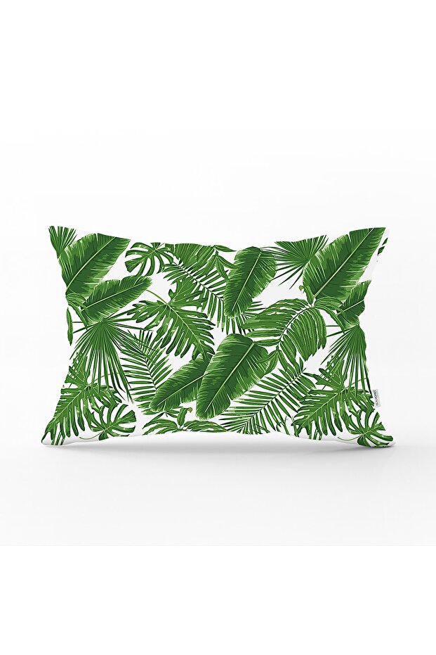 Green Leaf Patterned Rectangular Pillow Cushion Cover on White Background - 1