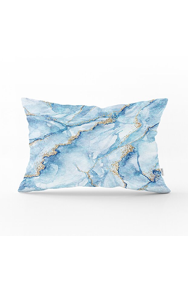 Blue Colored Marble Patterned Digital Printed Rectangular Pillow Cushion Cover - 1