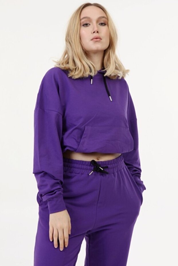 Crop Model Kapşonlu Mor Takım - 3