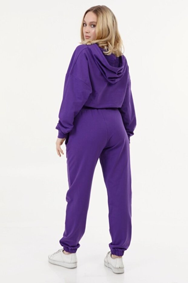 Crop Model Kapşonlu Mor Takım - 6