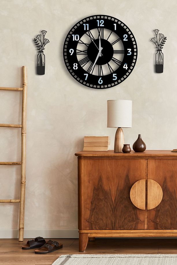 Modern Dekoratif Gümüş Aynalı Duvar Saati Vazo Desenli Tablo Seti - 48cm Yuvarlak Ahşap Pilli Saat - 3