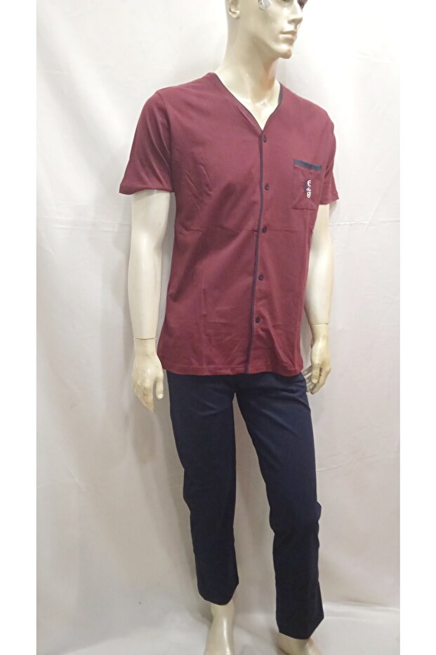 Men's Brick Color Front Complete Buttoned Pajama Set