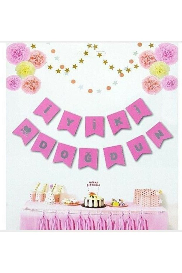 Rönesans Happy Birthday Written Banner Cardboard Flag Set - Pink Background, Silver Color Writing