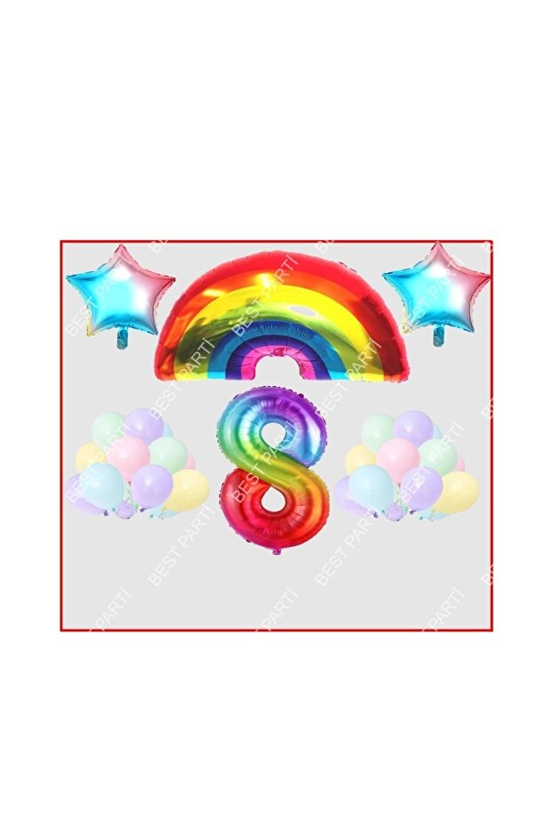 Rainbow Star Themed Macaron Balloon 8Th Birthday Party Set