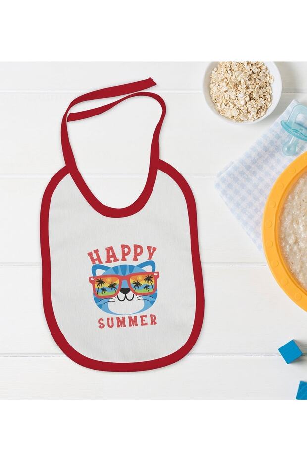 Kids Happy Summer Designed Red Baby Food Bib-1