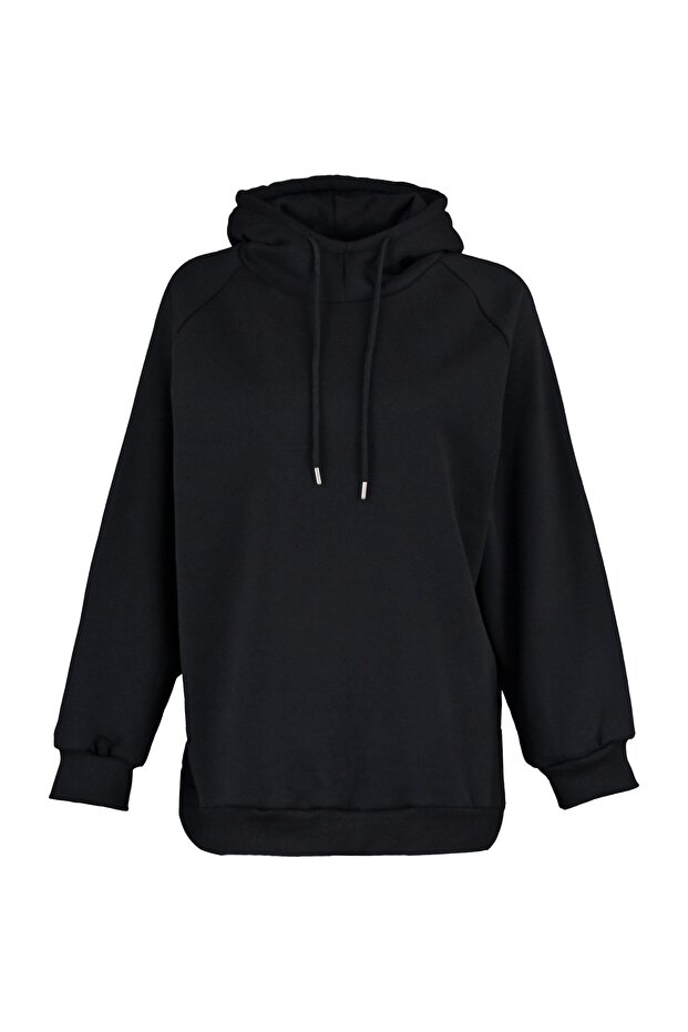 Siyah Kapüşonlu Oversize Şardonlu Örme Sweatshirt TWOAW23SW00439 - 7