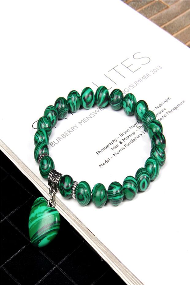 Certified Natural Malahit Stone Heart Bracelet