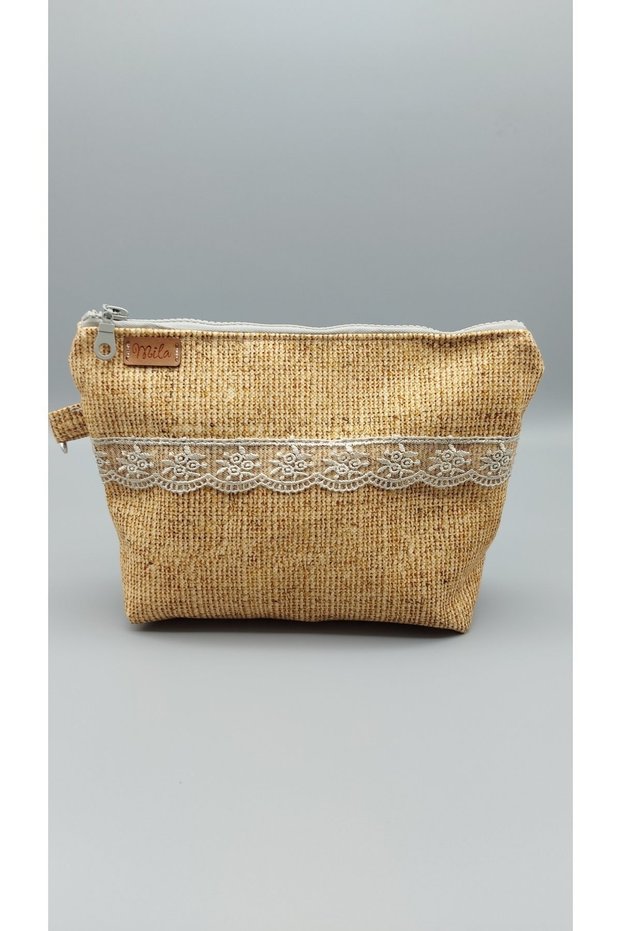 Jute Patterned Yellow Makeup Bag (with guipure)