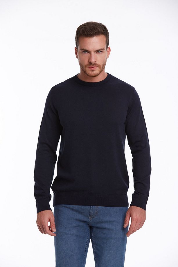 Erkek Lacivert Regular Fit %100 Pamuk Bisiklet Yaka Triko Kazak - 2