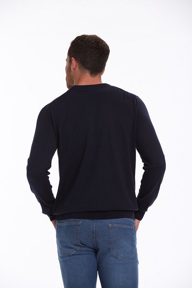 Erkek Lacivert Regular Fit %100 Pamuk Bisiklet Yaka Triko Kazak - 6