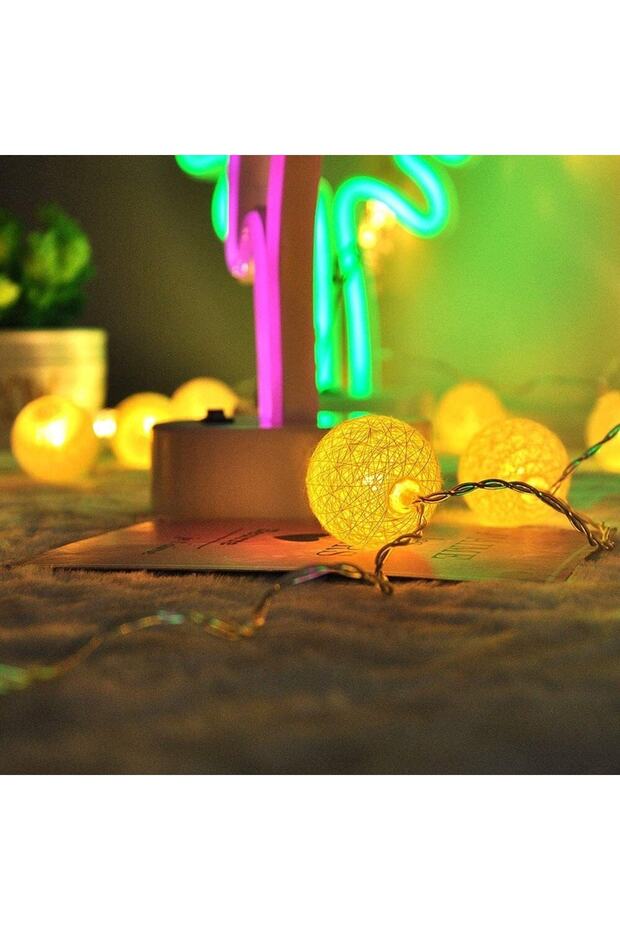 Cotton Ball Strings for Ramadan Eid - 2 Meters 10 Balls with Battery, Yellow Led Light - 3