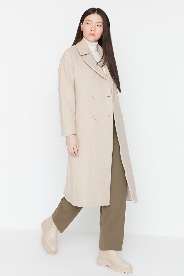Beige Oversize Wide Cut Button Closure Woolen Stamp Coat TWOAW21KB0038 - 1
