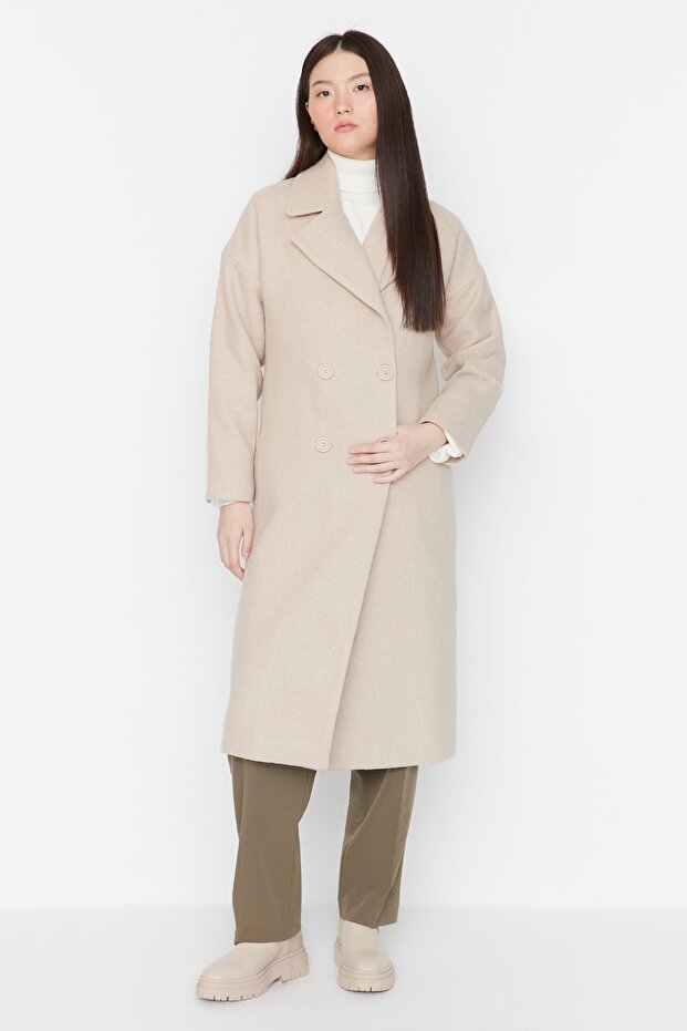 Beige Oversize Wide Cut Button Closure Woolen Stamp Coat TWOAW21KB0038 - 3