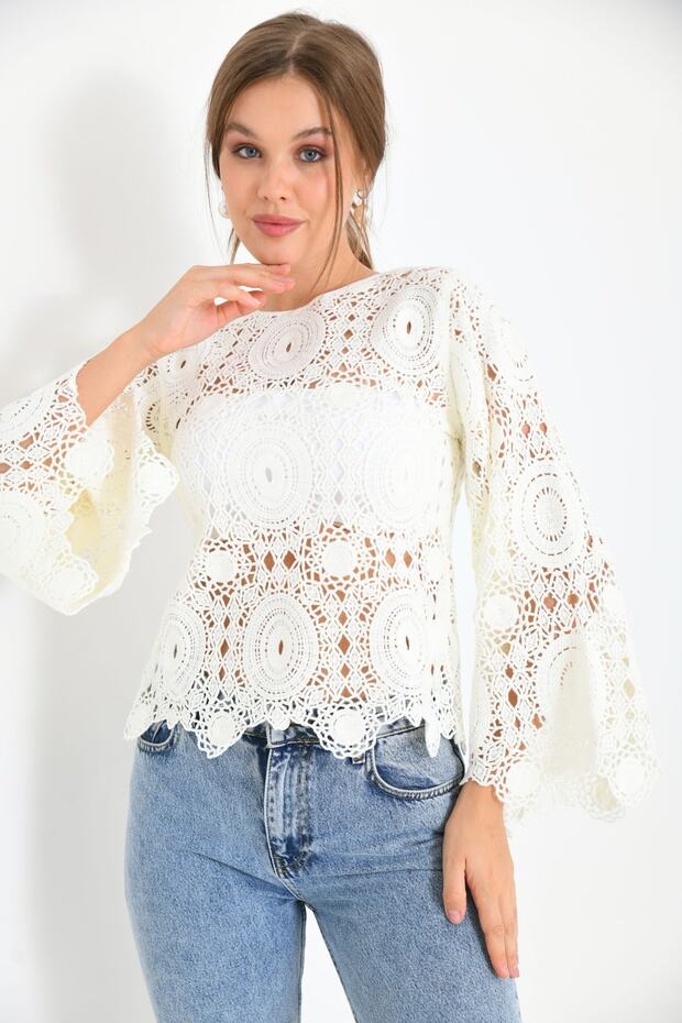 Dantel Ispanyol Kol Örme Bluz - 3