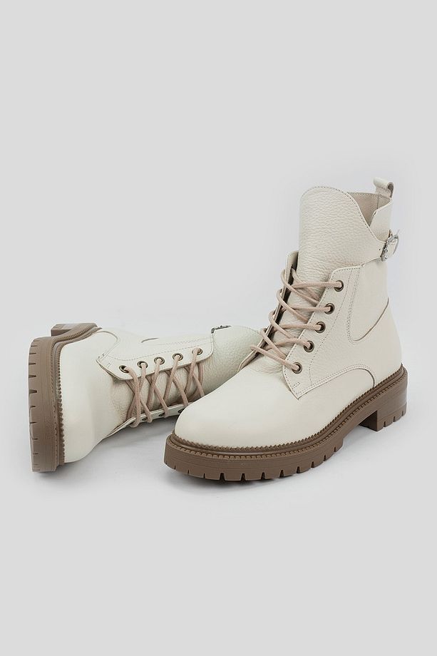 Kadın Bej Hakiki Deri 35-41 Numara Bağcıklı Bot & Bootie - 3