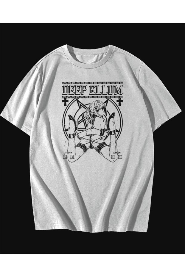Deep Ellum Written Manga Anime Themed Oversize Unisex White T-Shirt Tee
