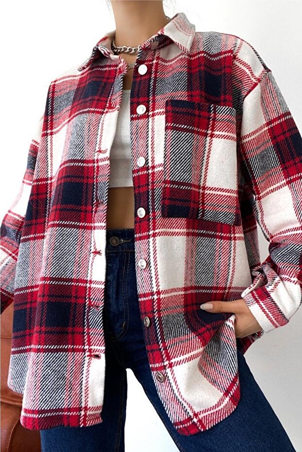 Women's Button Detailed Single Pocket Lumberjack Shirt
