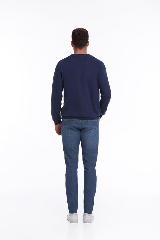 Erkek Indigo Regular Fit %100 Pamuk Bisiklet Yaka Triko Kazak - 7