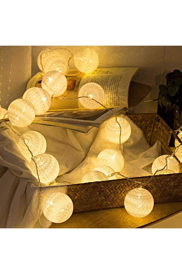 Cotton Ball Strings for Ramadan Eid - 2 Meters 10 Balls with Battery, Yellow Led Light - 4