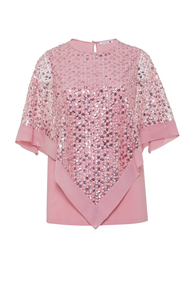 Punto Embroidery and Sequin Detailed Triangle Cut Caped Plus Size Women's Blouse