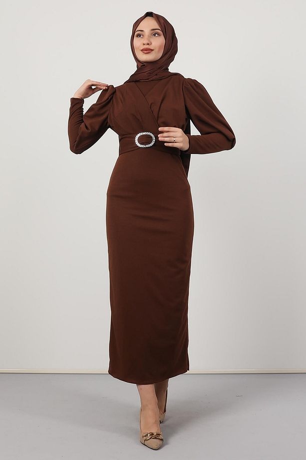 Yakası Çapraz Elbise Kahve - 3